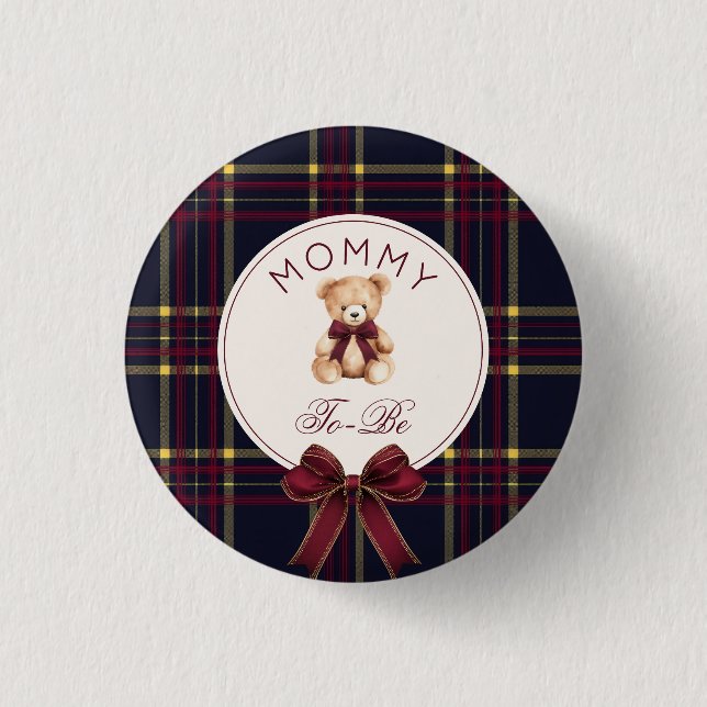 Mummy To be Wine Red Plaid Teddy Bear 3 Cm Round Badge (Front)
