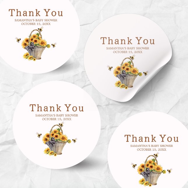 Mummy to Bee Baby Shower Classic Round Sticker (Mommy to Bee Sunflower Baby Shower Sticker)