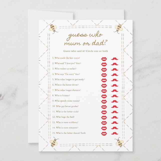 Mummy To Bee Baby Shower Mum Or Dad Game Cards (Front)