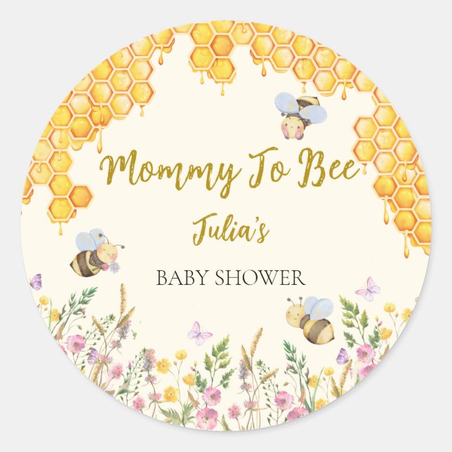 Mummy to Bee Cute Bumblebee Floral Baby Shower Classic Round Sticker (Front)