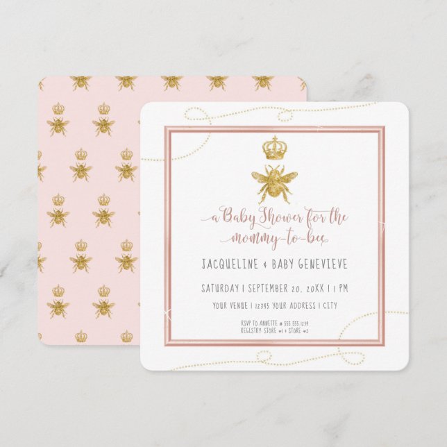 Mummy to Bee Gold Glitter Pink Girl Baby Invitation (Front/Back)
