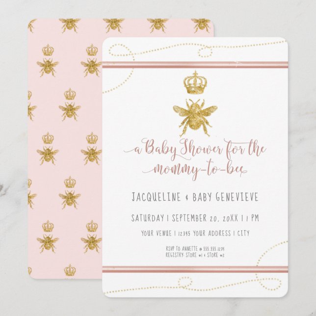 Mummy to Bee Gold Glitter Pink Girl Baby Shower Invitation (Front/Back)