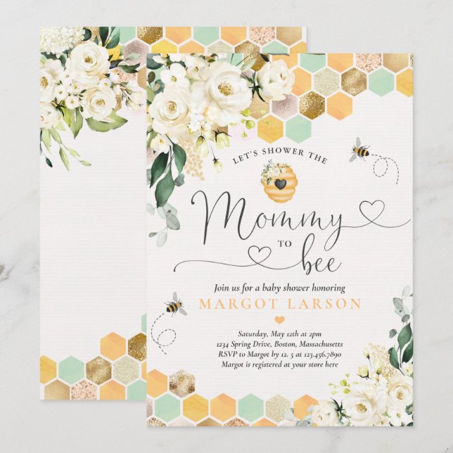 Mummy To Bee Greenery White Floral Bee Baby Shower Invitation (Front/Back)