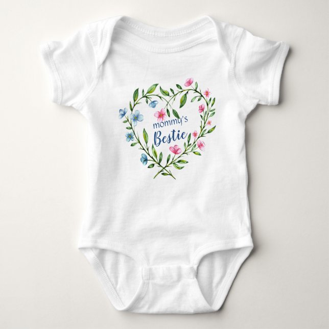 Mummy's Bestie - Pink and Blue Floral Heart Baby Bodysuit (Front)