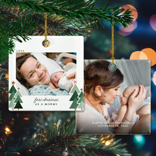 Mummy's First Christmas Rustic Trees Photo Ceramic Ornament