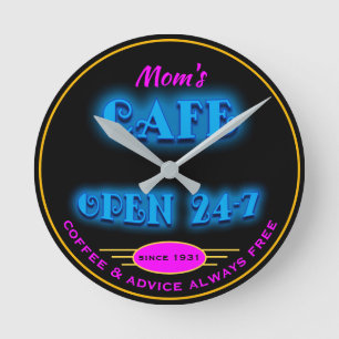 Mum's Cafe Open 24 Hrs Faux Retro Blue Neon - Round Clock