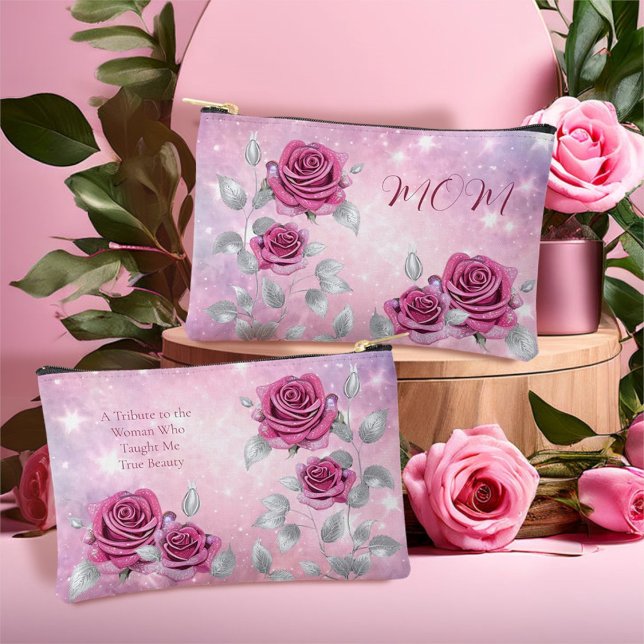 Mum's Cerise Pink Shimmer Rose Makeup Cosmetic Accessory Pouch (Creator Uploaded)