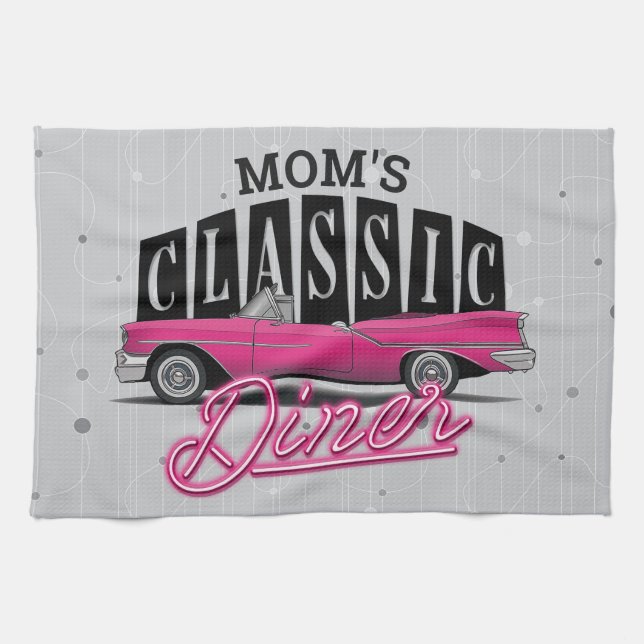 Mum's Diner Custom Name Faux Neon 50's Classic Car Tea Towel (Horizontal)