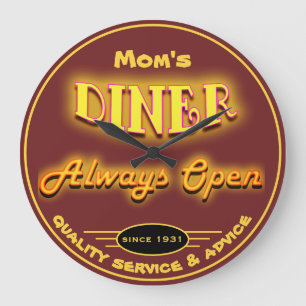 Mum's Diner or Any Name Burgundy Neon Look - Large Clock