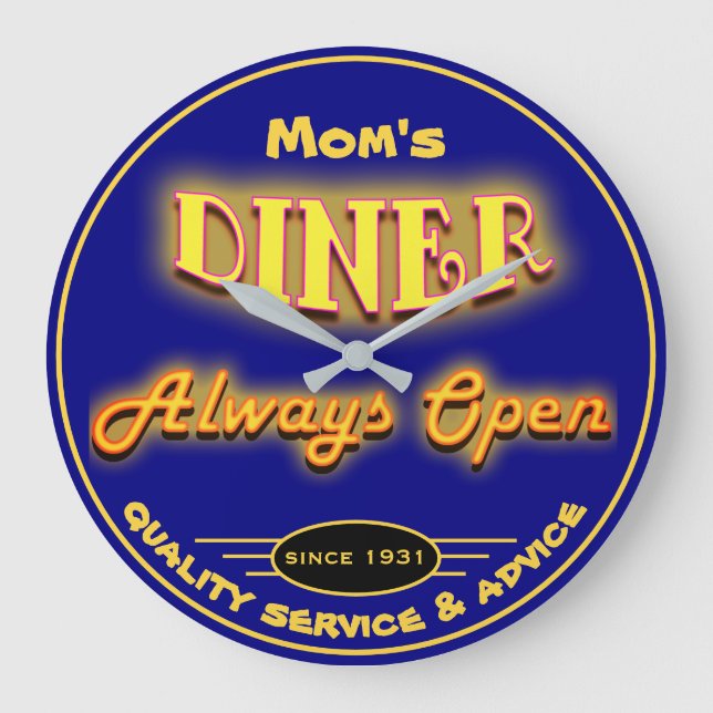 Mum's Diner or Any Name Neon Look Navy Blue - Large Clock (Front)