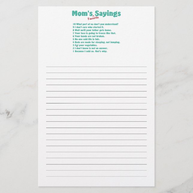 Mum's favourite sayings on gifts for her. stationery (Front)