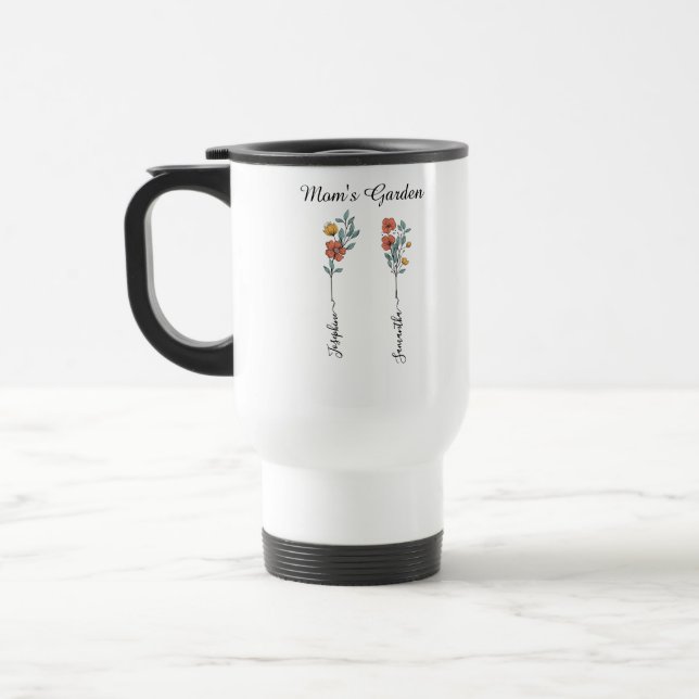 Mum's Garden Custom 2 Names Floral Gift for Mum Travel Mug (Left)