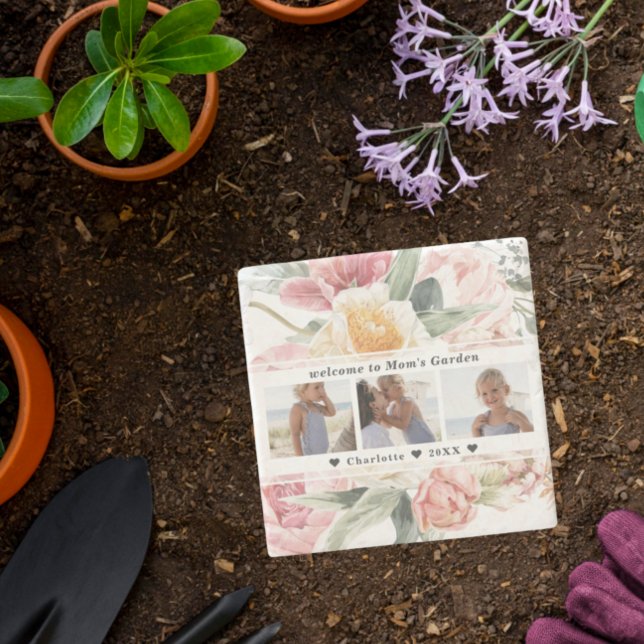 Mum's Garden Stone | Floral Three Photo Collage Coaster (Creator Uploaded)