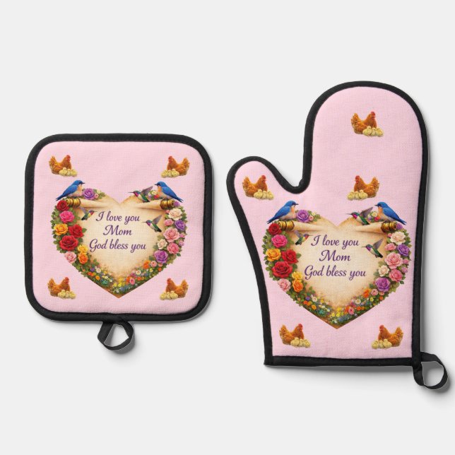 Mum's Heart & Chicken Oven Mitt & Pot Holder Set  (Front)