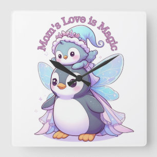 Mum's Love is Magic Cute Fairy Penguin Wall Cloc Square Wall Clock