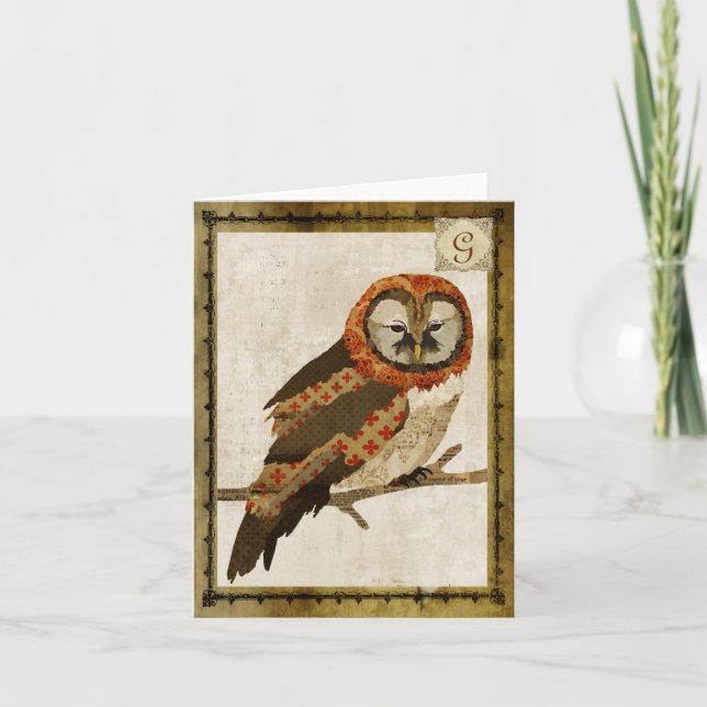 Mums Owl Vintage  Monogram Notecard (Front)