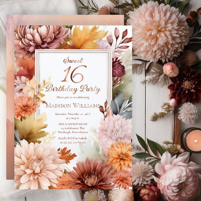 Mums | Peonies Floral Sweet 16 Birthday Party (Elegant Boho Chrysanthemums and Peonies Floral Sweet 16 Birthday Party Invitation - Rose Gold Foil)