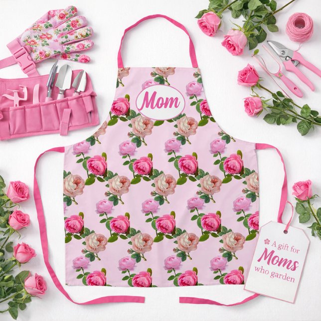 Mum's Pink Rose Mother's Day  Apron (Mother's Day gift idea for mom's who enjoy gardening )
