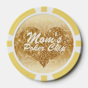 Mum's Poker Chip Gold Faux Glitter Heart Floral