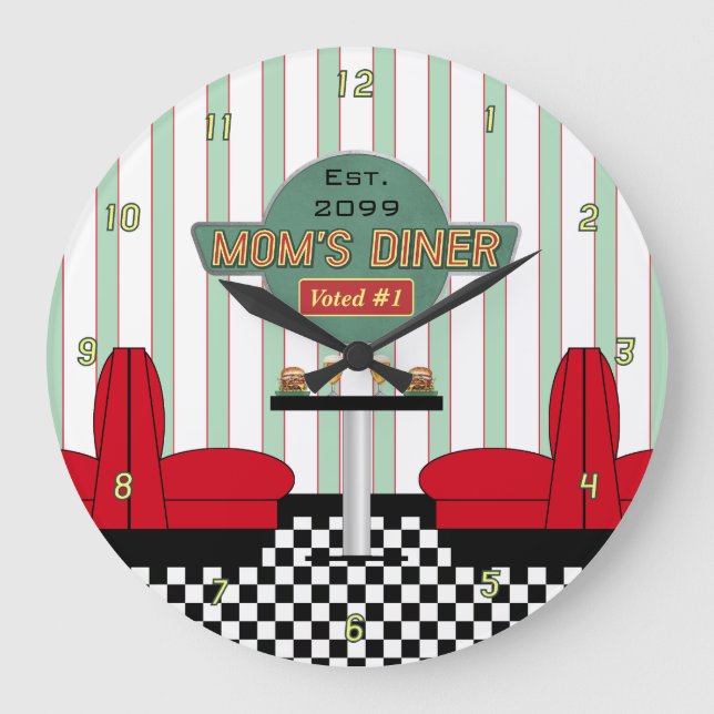 Mum's Retro Diner with Burgers & Beer Large Clock (Front)
