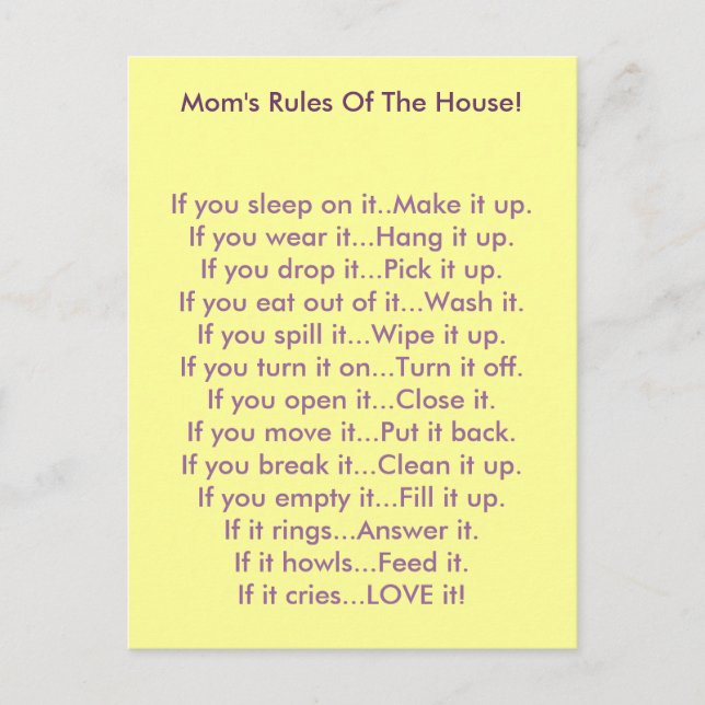 Mum's Rules Of The House Postcard (Front)