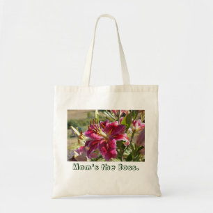 Mum's the Boss Tote Bags Pink Lily Flowers custom
