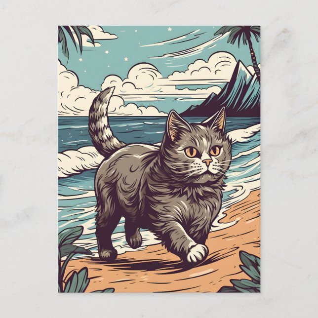 Munchkin-Cat at a tropical beach during sunset Postcard (Front)
