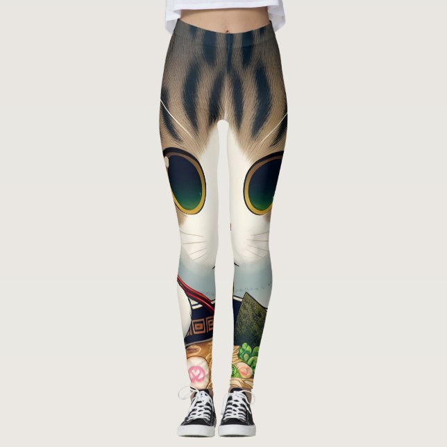Munchkin Cat Eating Ramen Leggings (Front)