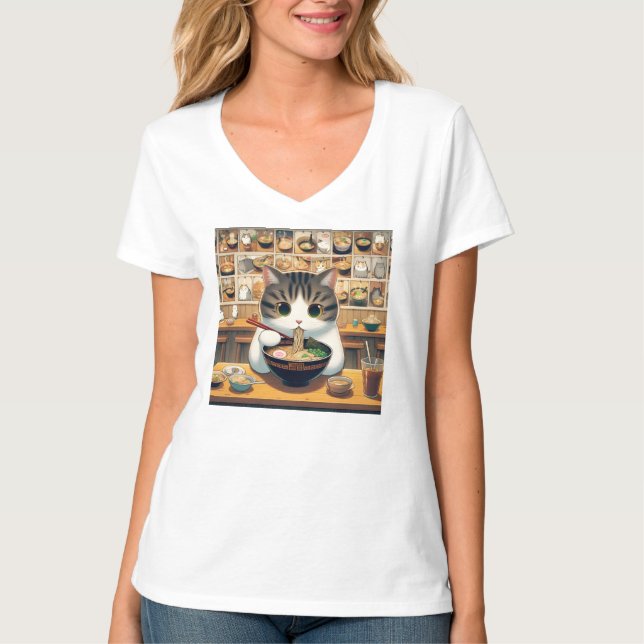 Munchkin Cat Eating Ramen T-Shirt (Front)