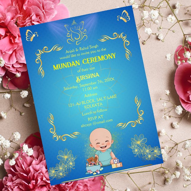 Mundan Ceremony Ganesha Logo Blue Golden Butterfly Invitation (Creator Uploaded)