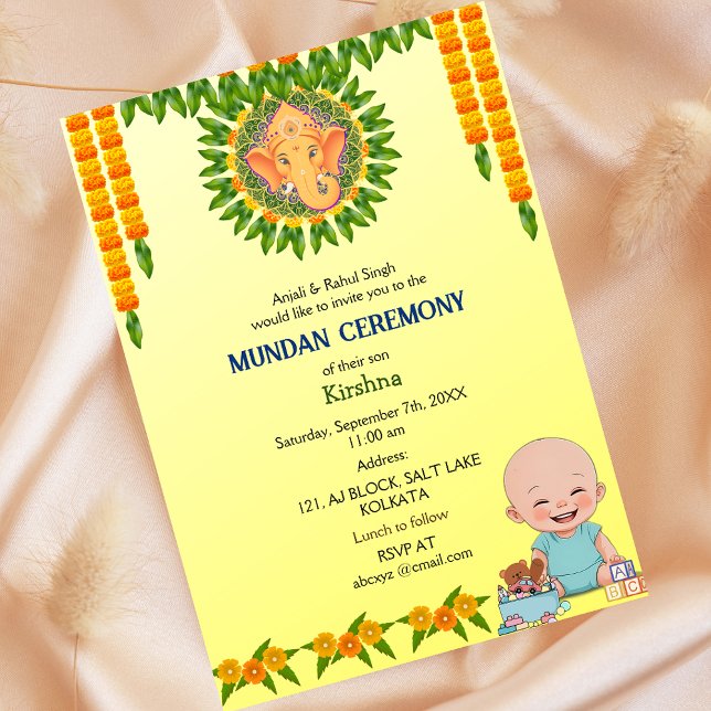 Mundan Ceremony Ganesha Logo Minimal Floral Invitation (Creator Uploaded)