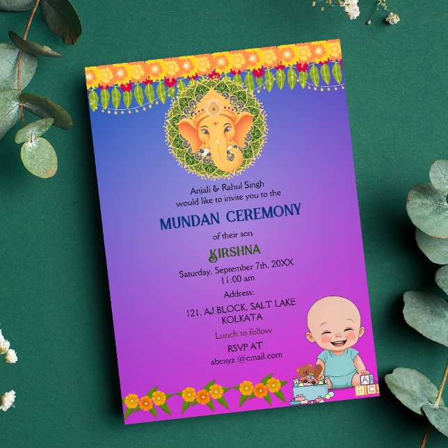 Mundan Ceremony Ganesha Logo Minimal Floral Invitation (Creator Uploaded)