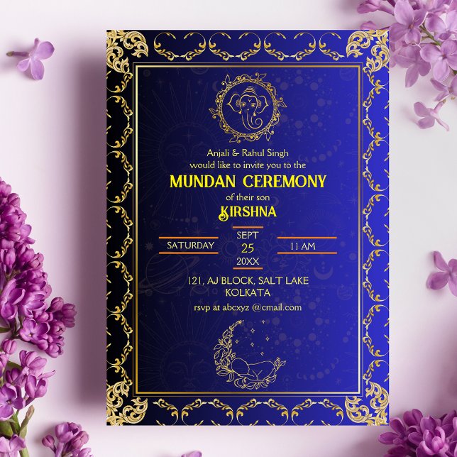 Mundan Ceremony Ganesha logo Royal Golden & Blue Invitation (Creator Uploaded)