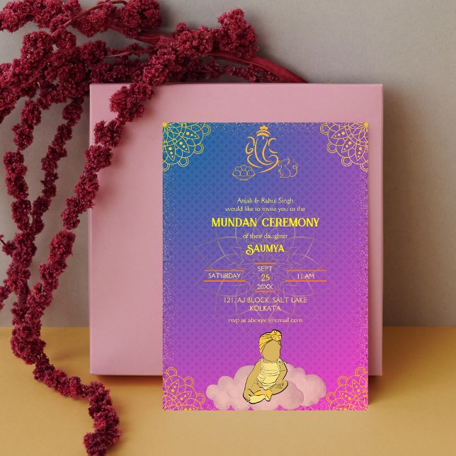 Mundan Ceremony Ganesha logo Royal Golden & Pink Invitation (Creator Uploaded)