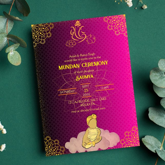 Mundan Ceremony Ganesha logo Royal Golden & Pink Invitation (Creator Uploaded)