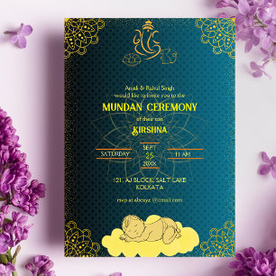 Mundan Ceremony Ganesha logo Royal Golden & Teal Invitation