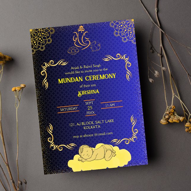 Mundan Ceremony Ganesha logo Royal Golden & Teal Invitation (Creator Uploaded)