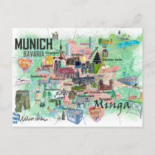 Munich Bavaria Germany Illustrated Travel Map Postcard