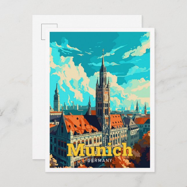 Munich Germany Travel Art Vintage Illustration Postcard (Front/Back)