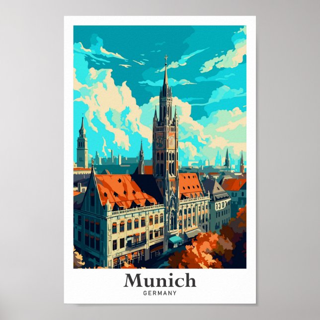 Munich Germany Travel Art Vintage Illustration Poster (Front)