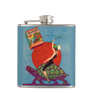 Murad cigarettes lady riding giant tortoise hip flask