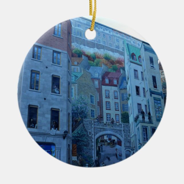 Mural in Old Quebec City, Quebec, Canada Ceramic Tree Decoration (Front)