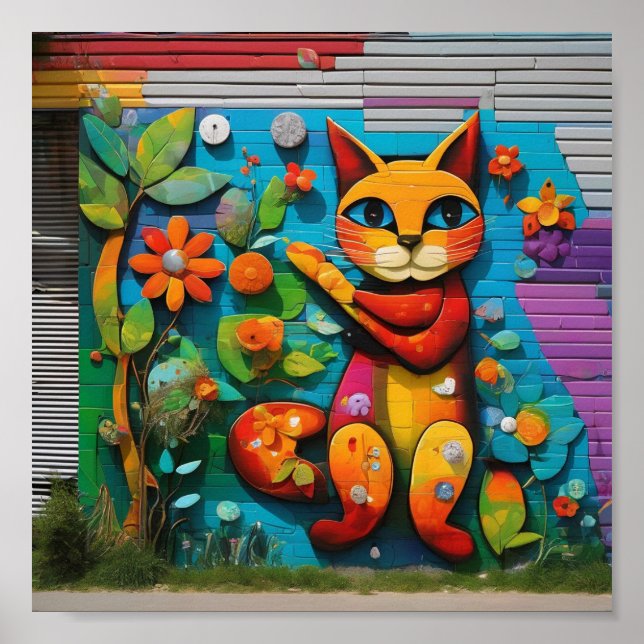 Mural of a Cat and Flowers Poster (Front)