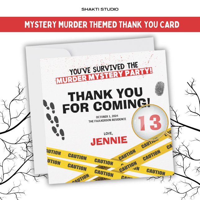 Murder Mystery Birthday Party Halloween Crime Thank You Card (Creator Uploaded)