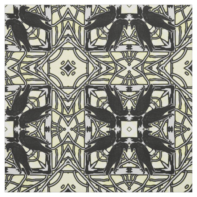 Murder Of Crows Black White Yellow Kaleidoscope Fabric (Swatch)