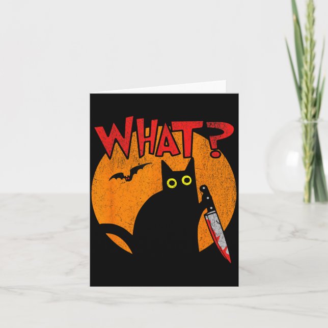 Murderous Black Cat With Knife Funny Halloween Card (Front)
