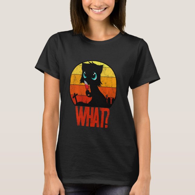 Murderous Black Cute Cat What With Knife Haunted M T-Shirt (Front)