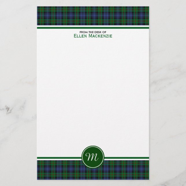Murray Clan Tartan Green and Blue Plaid Monogram Stationery (Front)