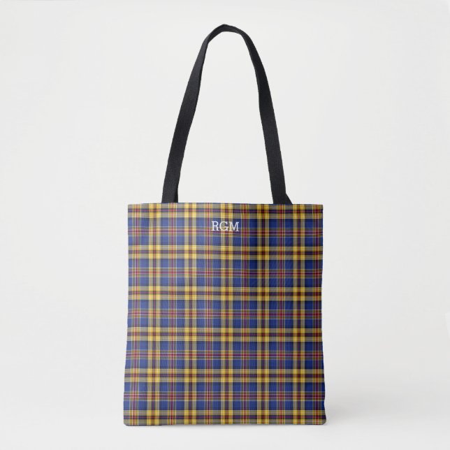 Murtaugh Clan Tartan Blue and Gold Plaid Monogram Tote Bag (Front)