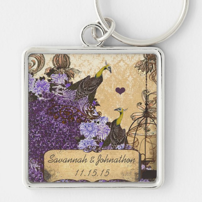 Muscial Vintage Eggplant Peacock Damask Key Chain (Front)